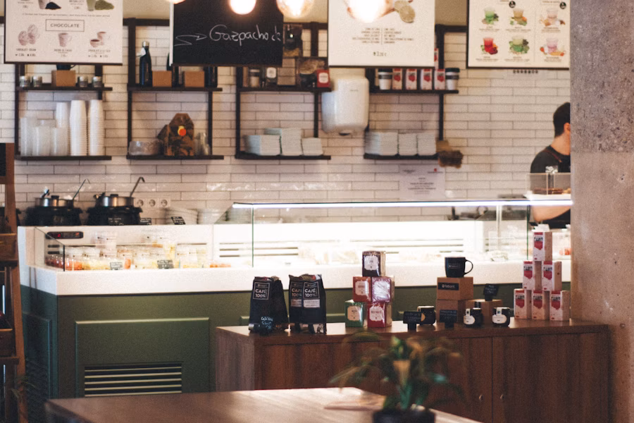Café interior with warm hanging bulb lights