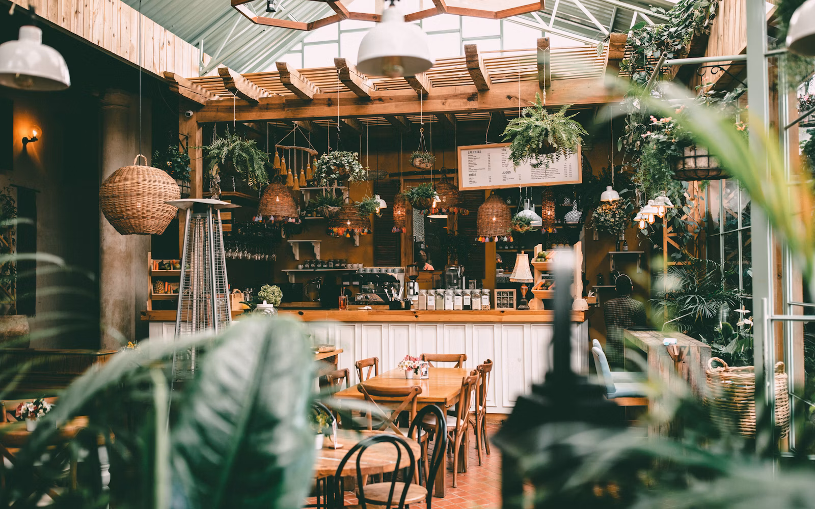 Warm rustic cafe interior with wooden tables and hanging plants